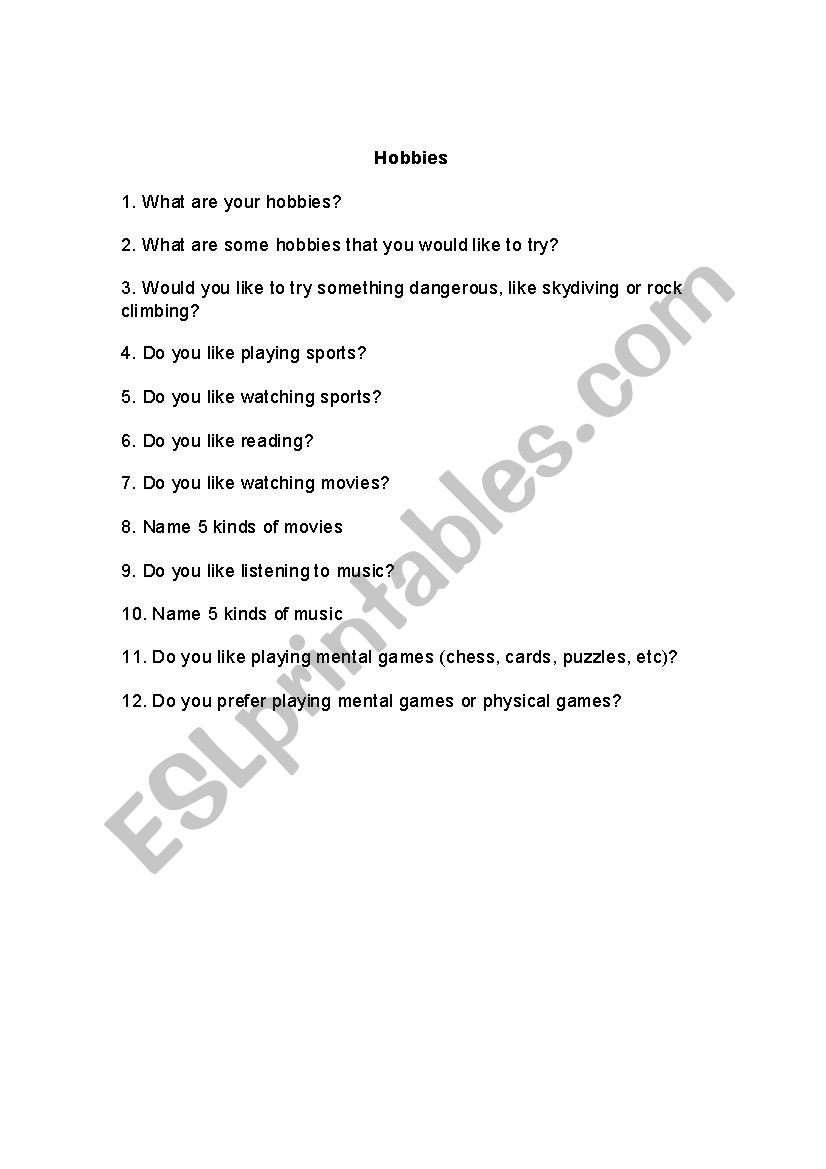 Hobbies questions worksheet