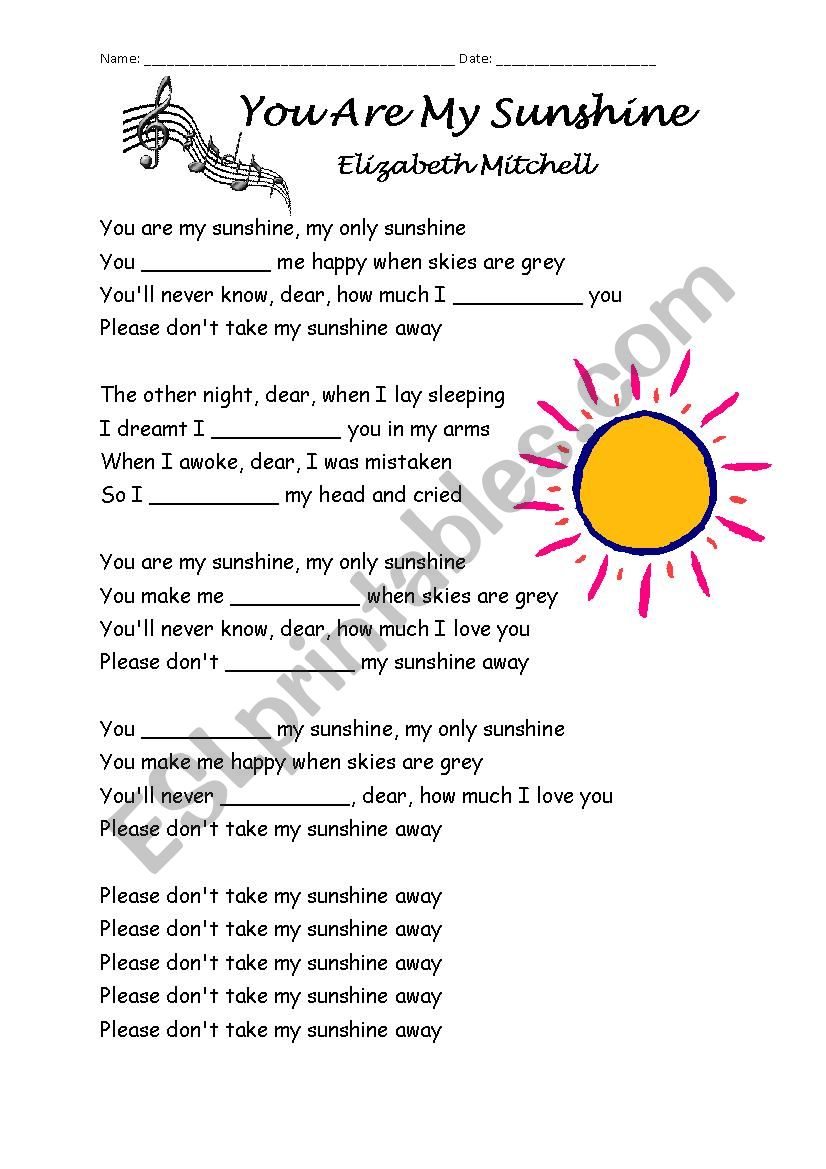 Fill-in-the-Gaps activity for You Are My Sunshine song