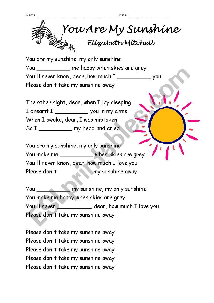 Fill-in-the-Gaps activity for Â´You Are My SunshineÂ´ song