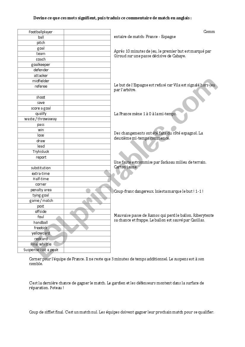 Match report worksheet