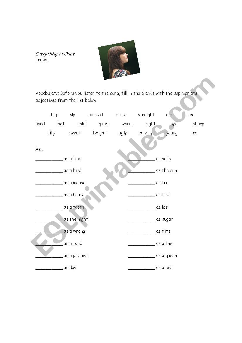 Lenka (song) worksheet