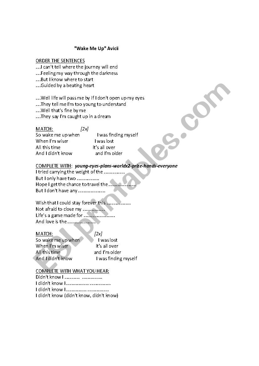 Wake Me Up lyrics worksheet