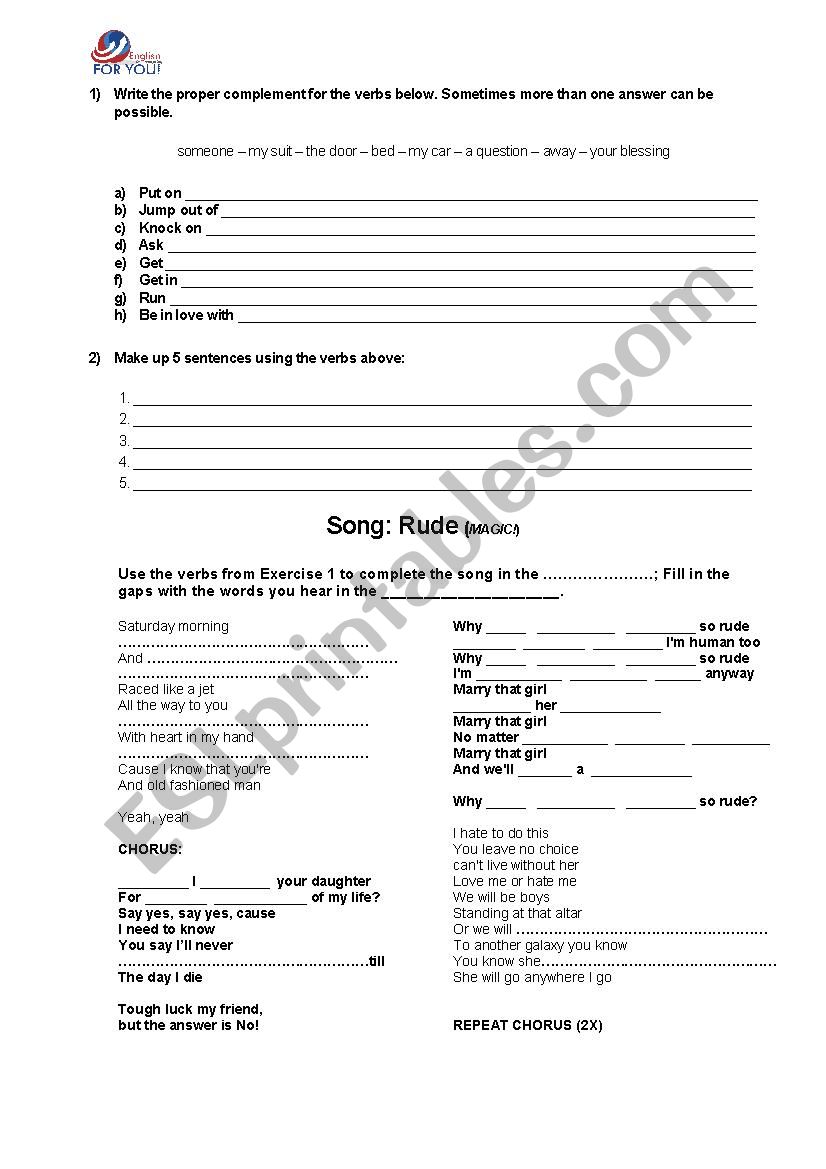 Song: Rude by Magic! worksheet