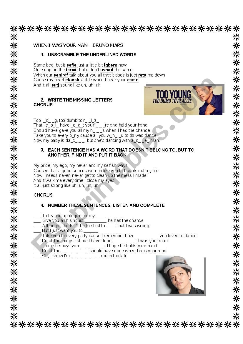 When I was your man worksheet