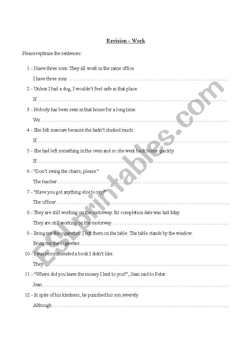 rephrasing exercises worksheet