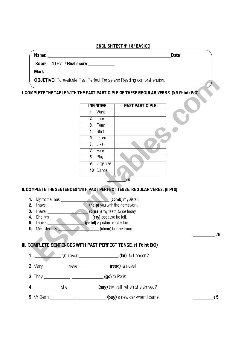 Past Perfect Tense Test  worksheet