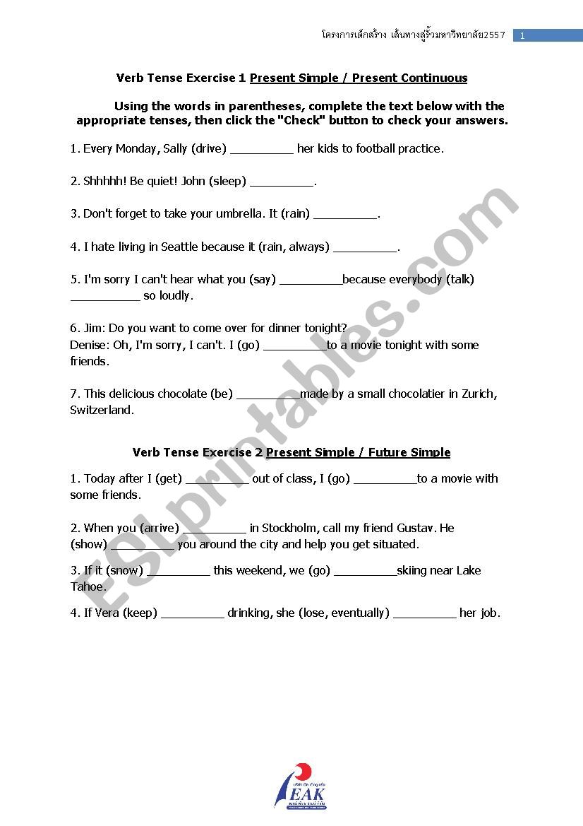 Verb Tense Exercise worksheet