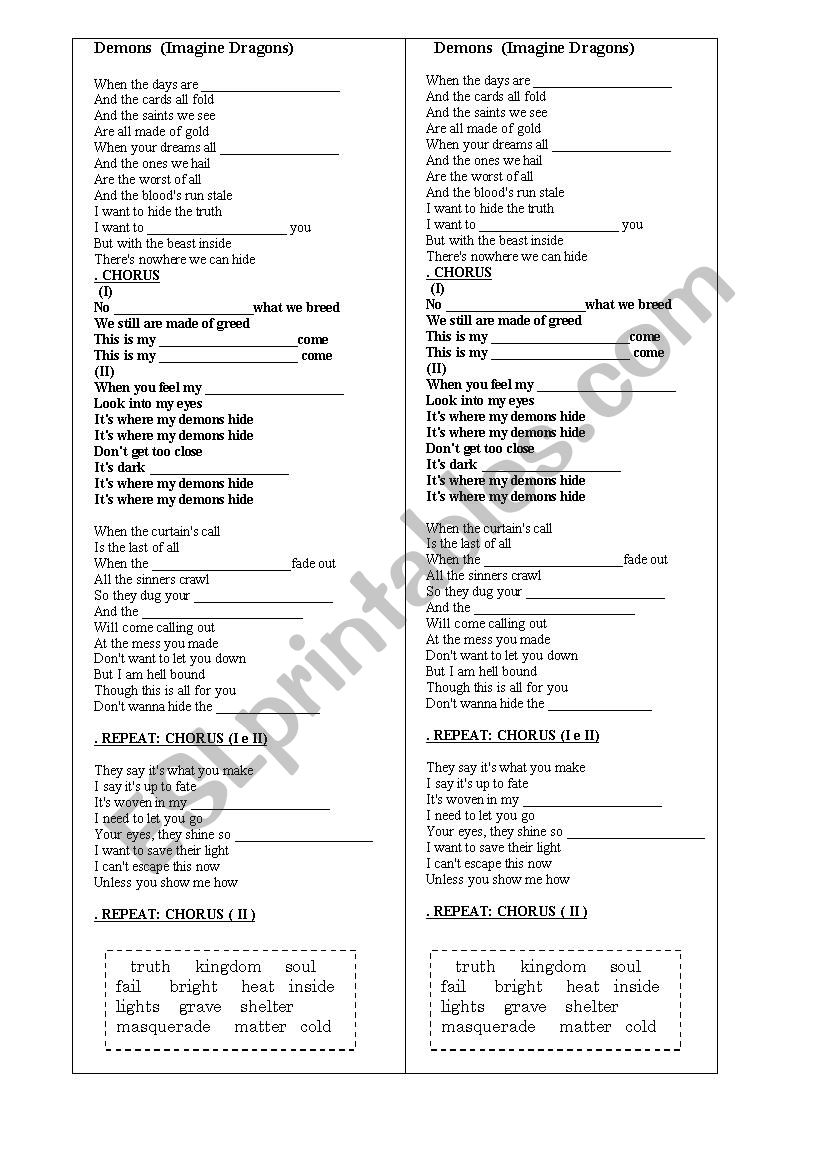 Demons - Imagine Dragons worksheet