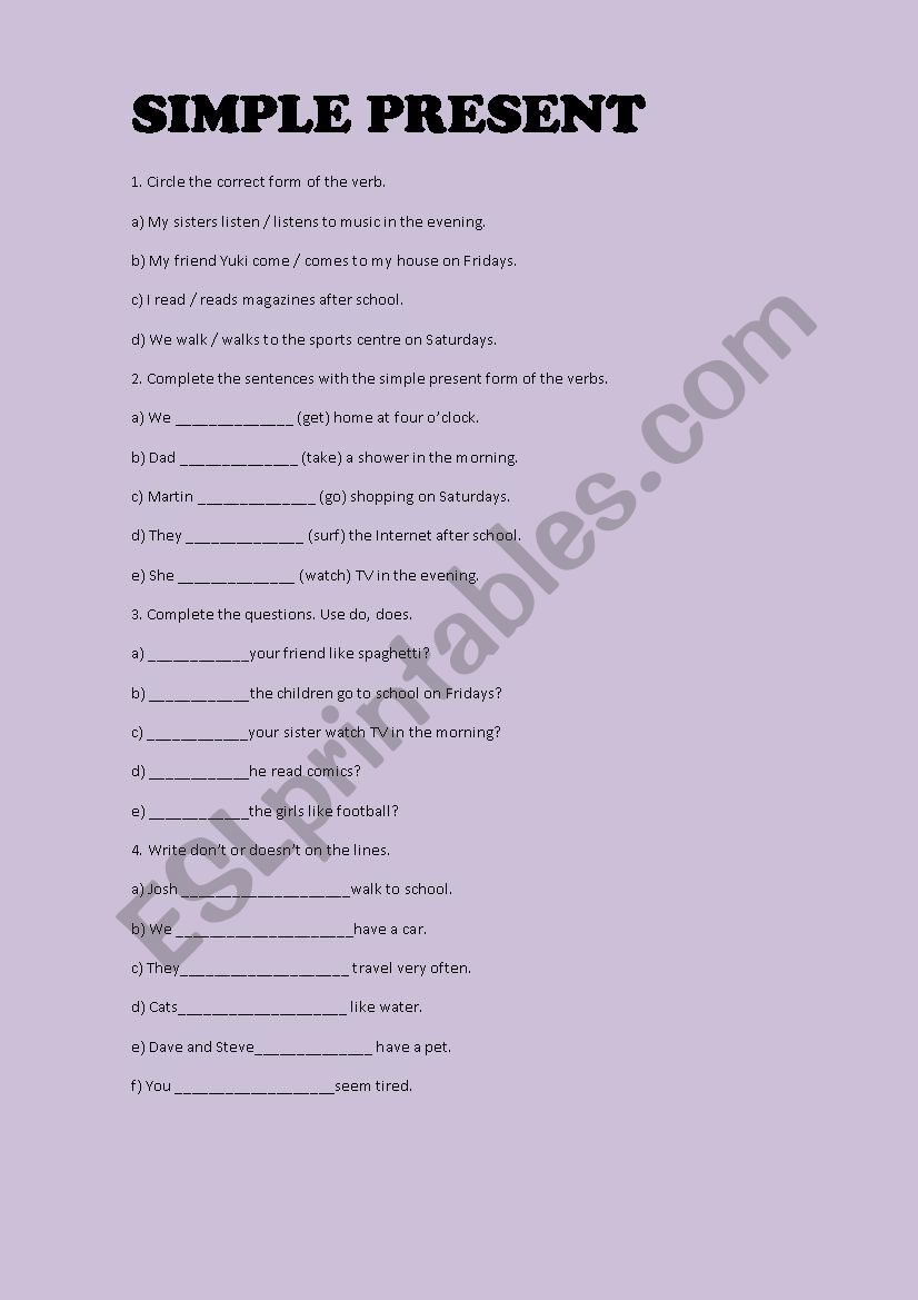 SIMPLE PRESENT worksheet