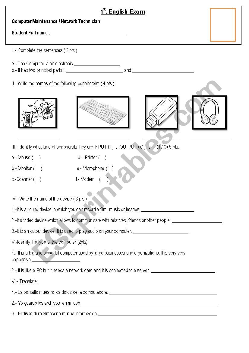 Computer exam worksheet