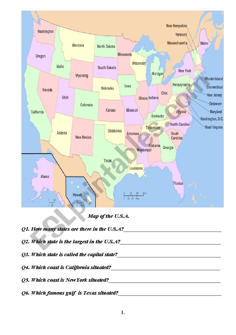 States in the U.S.A worksheet