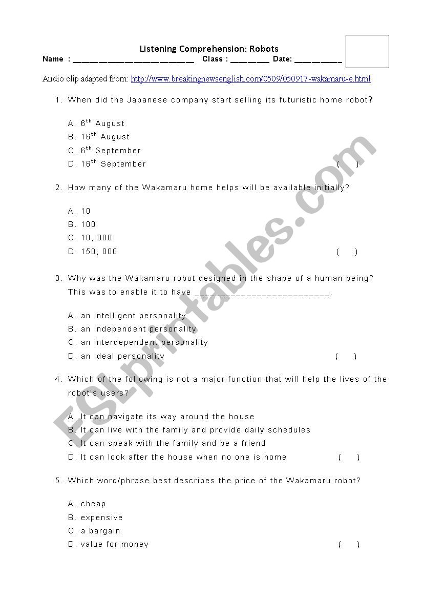 Robots (Listening & Project) worksheet