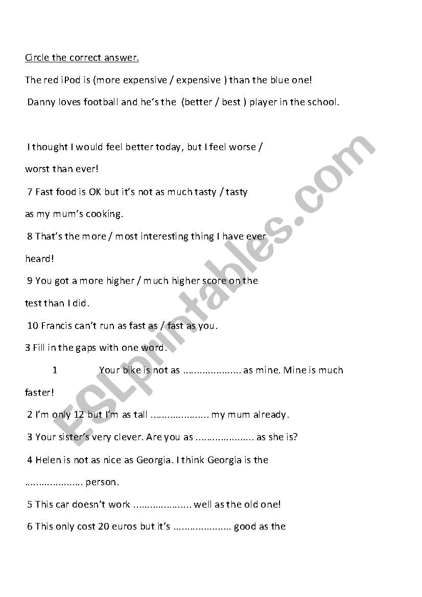 comparative  and superlative adjectives worksheet