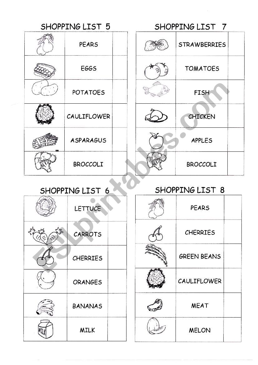 Shopping list worksheet