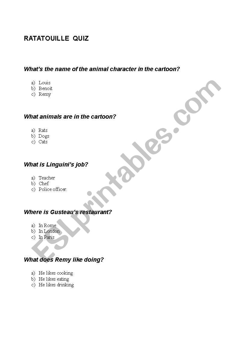 Rattatouille quiz worksheet