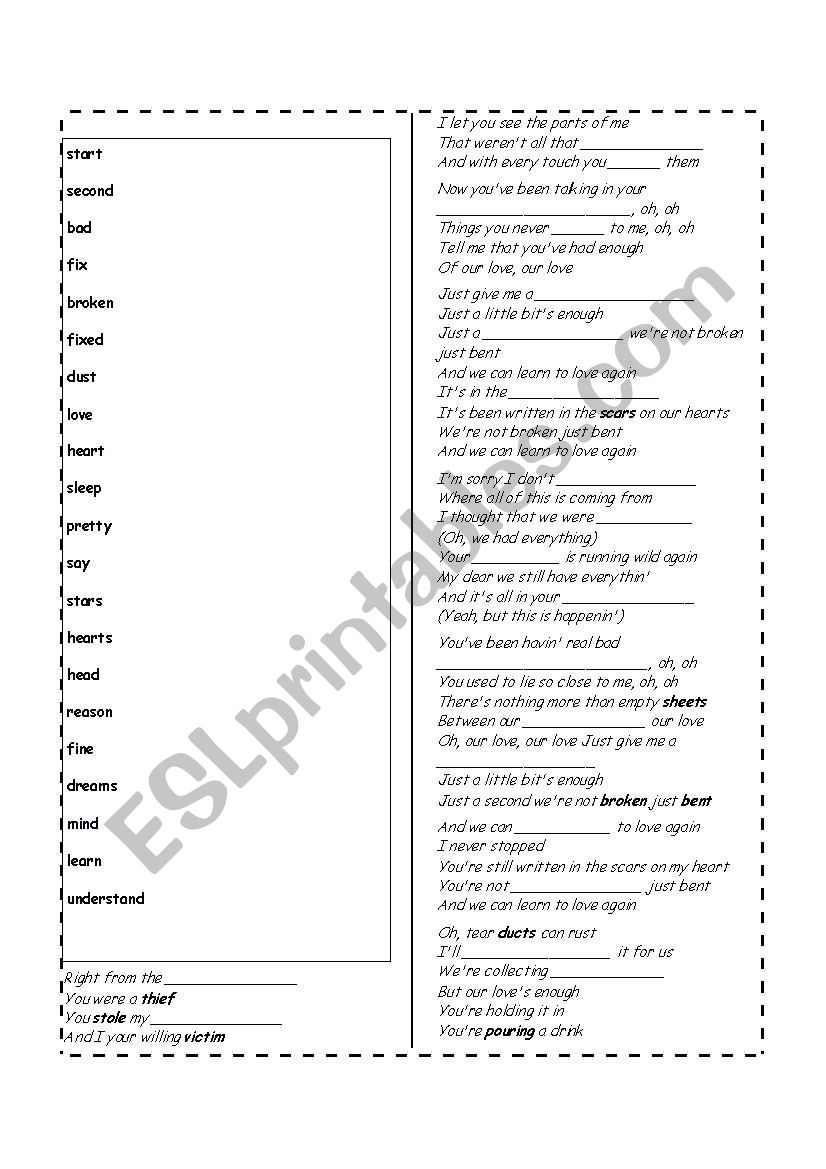 Just give me a reason (Pink) worksheet