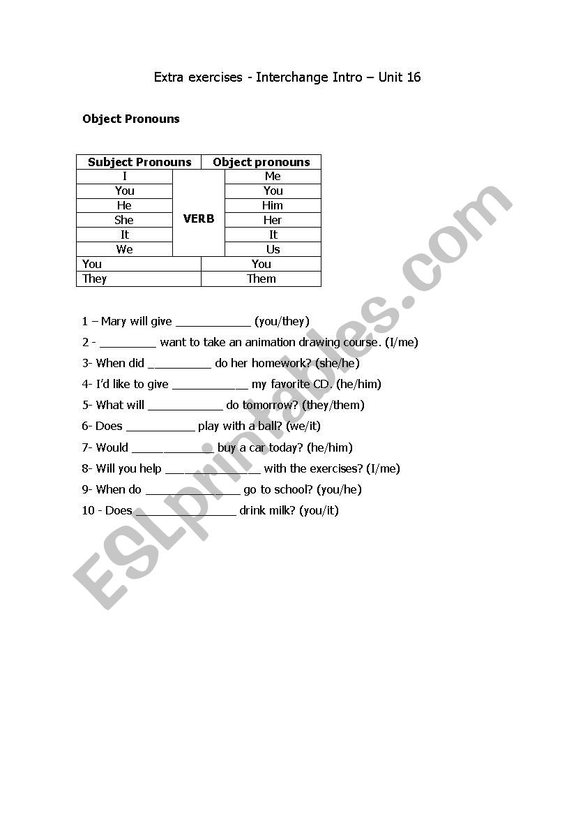 Object pronouns worksheet