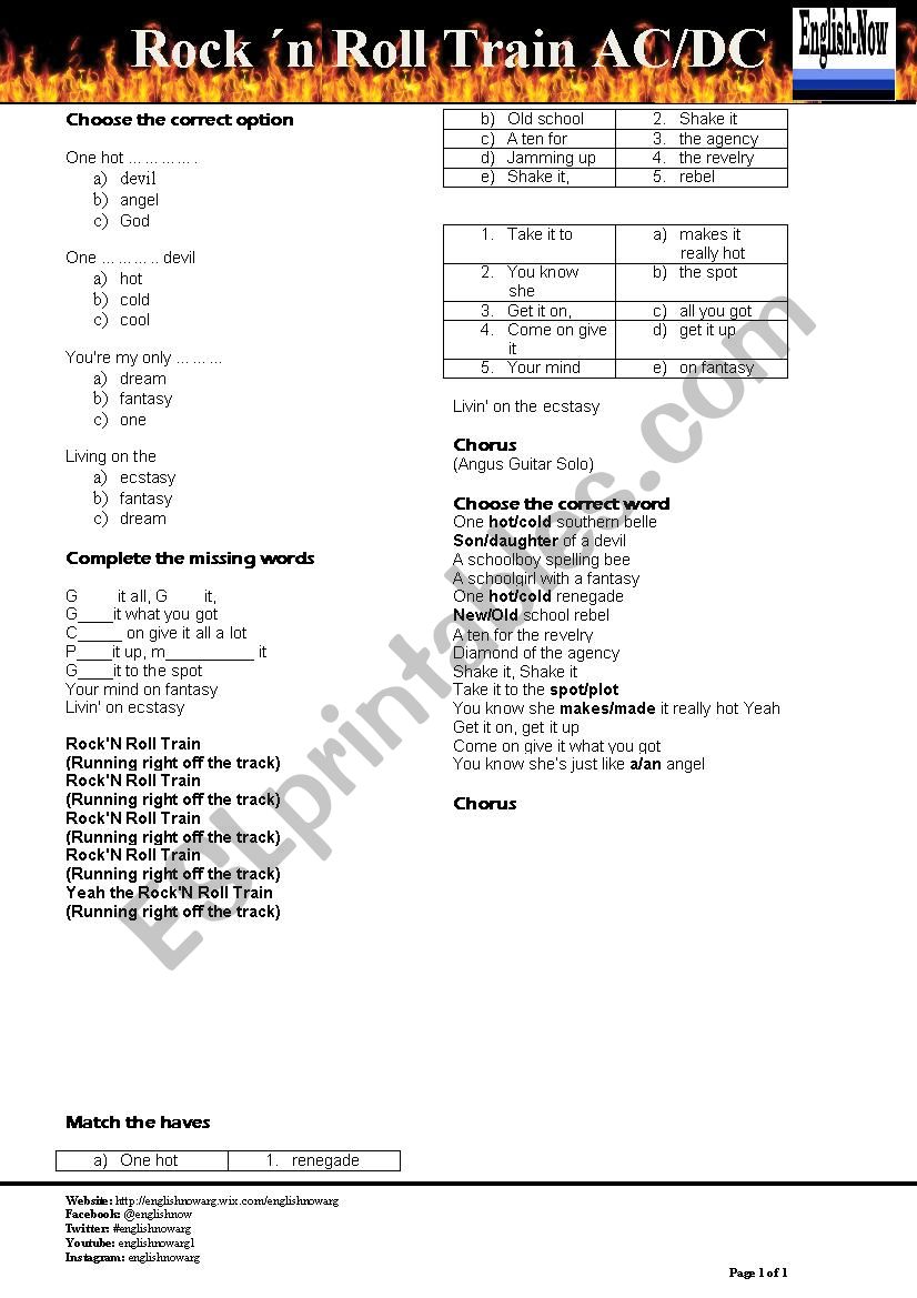 Rock n Roll Train - AD/DC worksheet