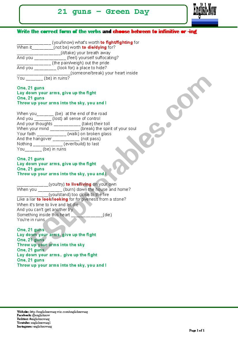 21 guns - GREEN DAY worksheet