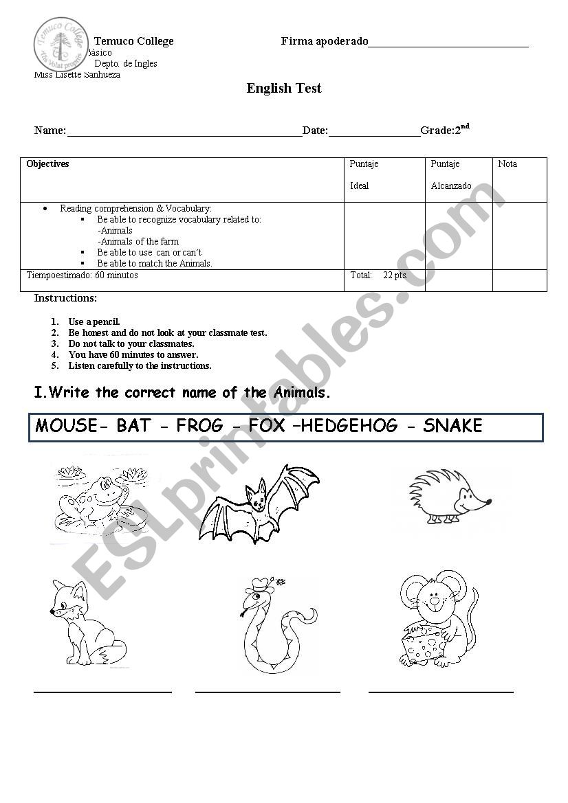 Test Animals, can and cant worksheet
