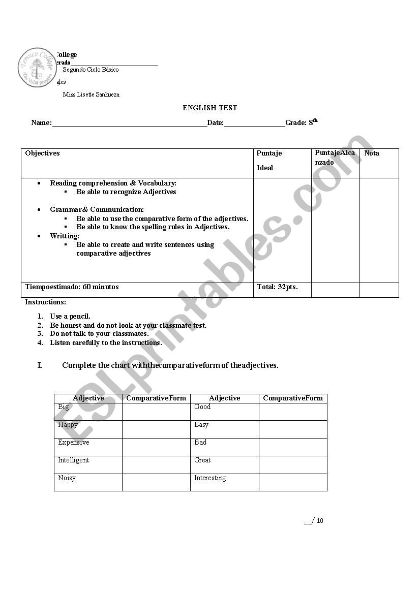 Comparative Adjectives test worksheet