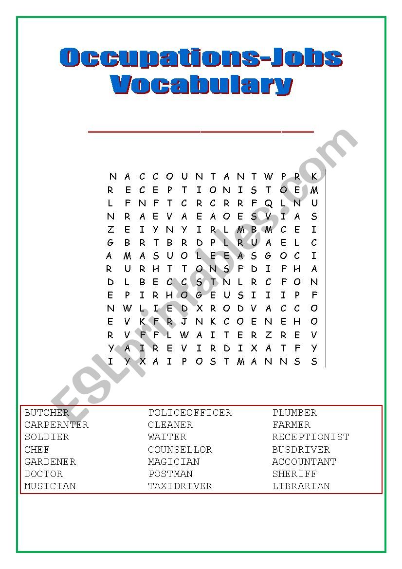 OCCUPATIONS /JOBS vocabulary wordsearch