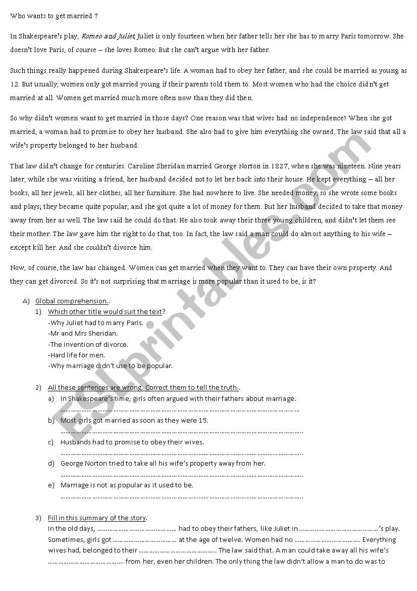 who wants to get married? worksheet