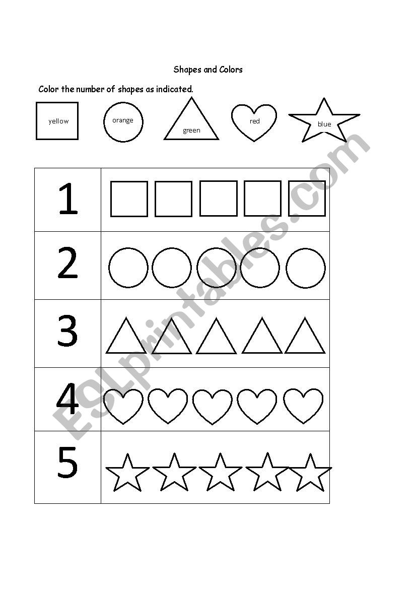 Shapes, colors and numbers worksheet