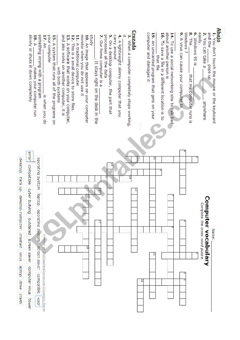 Cross Word Puzzle - Computer Vocabulary