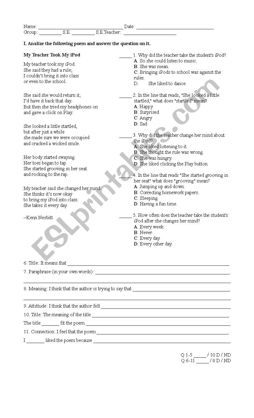 Poetry Test worksheet