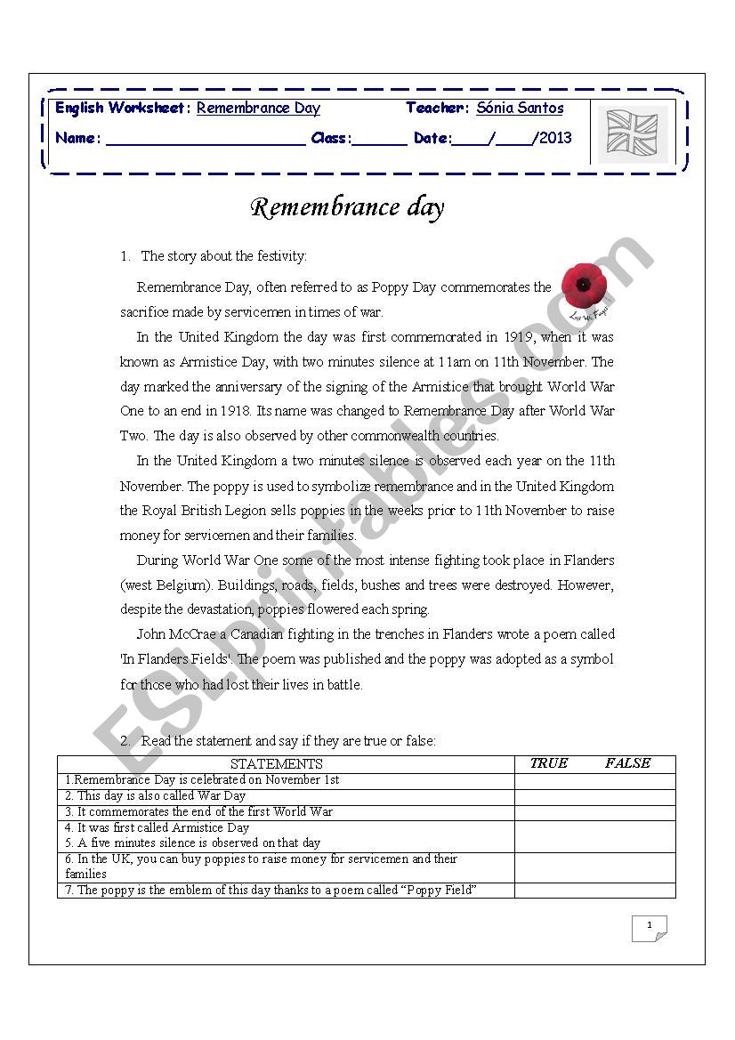 Remembrance Day worksheet