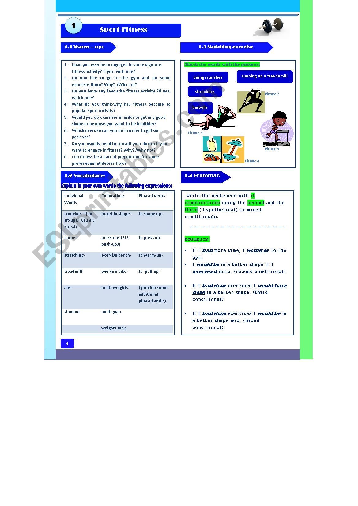 Sport-Fitness- Speaking/Matching Activity/Vocabulary/Grammar