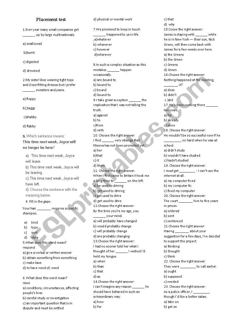 Placement test worksheet