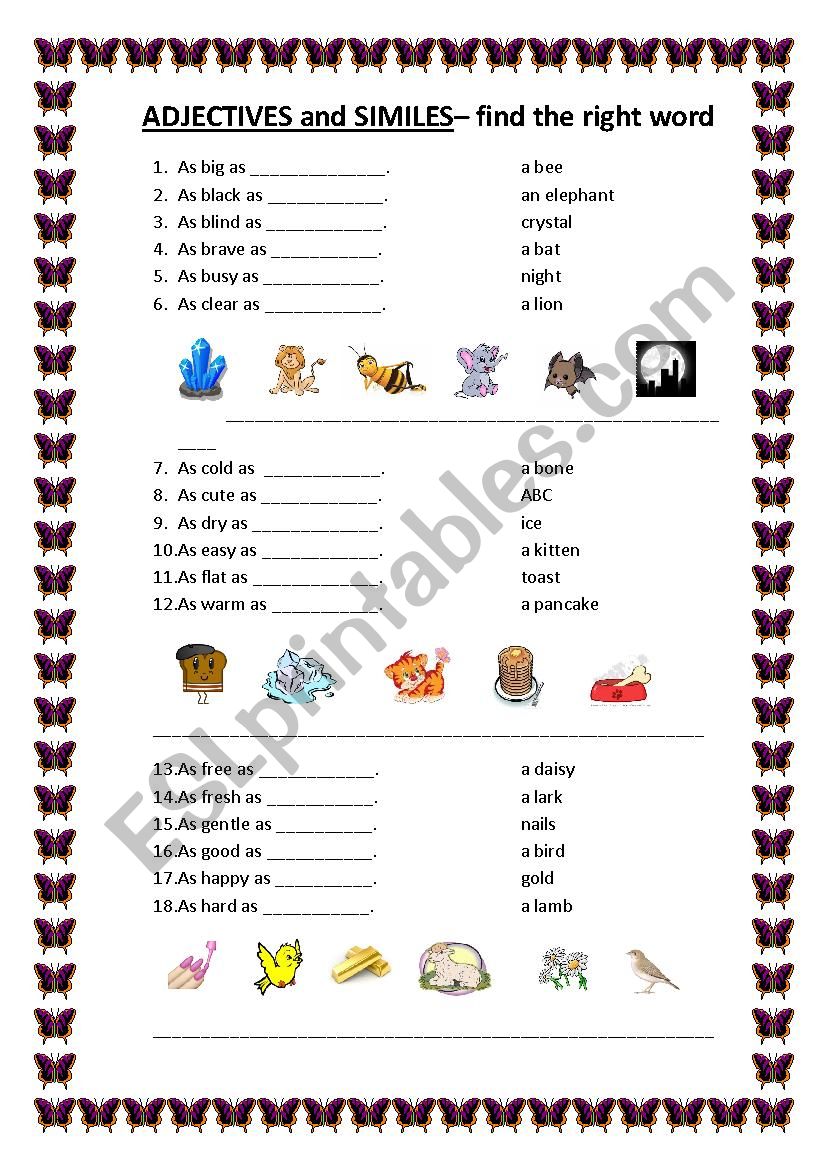 ADJECTIVES and SIMILES worksheet