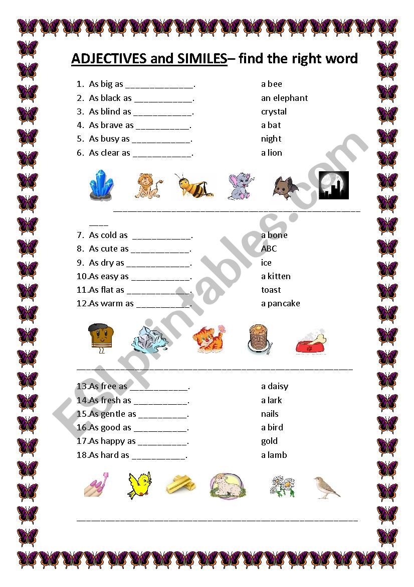 ADJECTIVES And SIMILES ESL Worksheet By Gabiadko