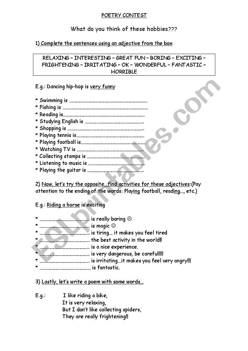 Poetry with adjectives worksheet