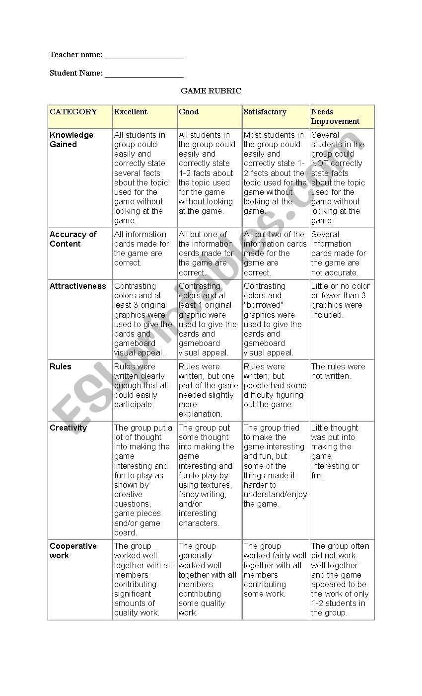 Game Rubric worksheet