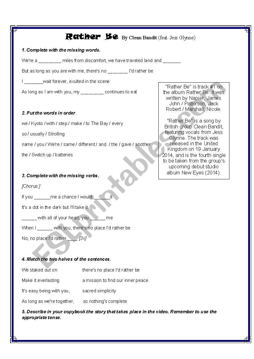 Song Rather Be Clean Bandit worksheet