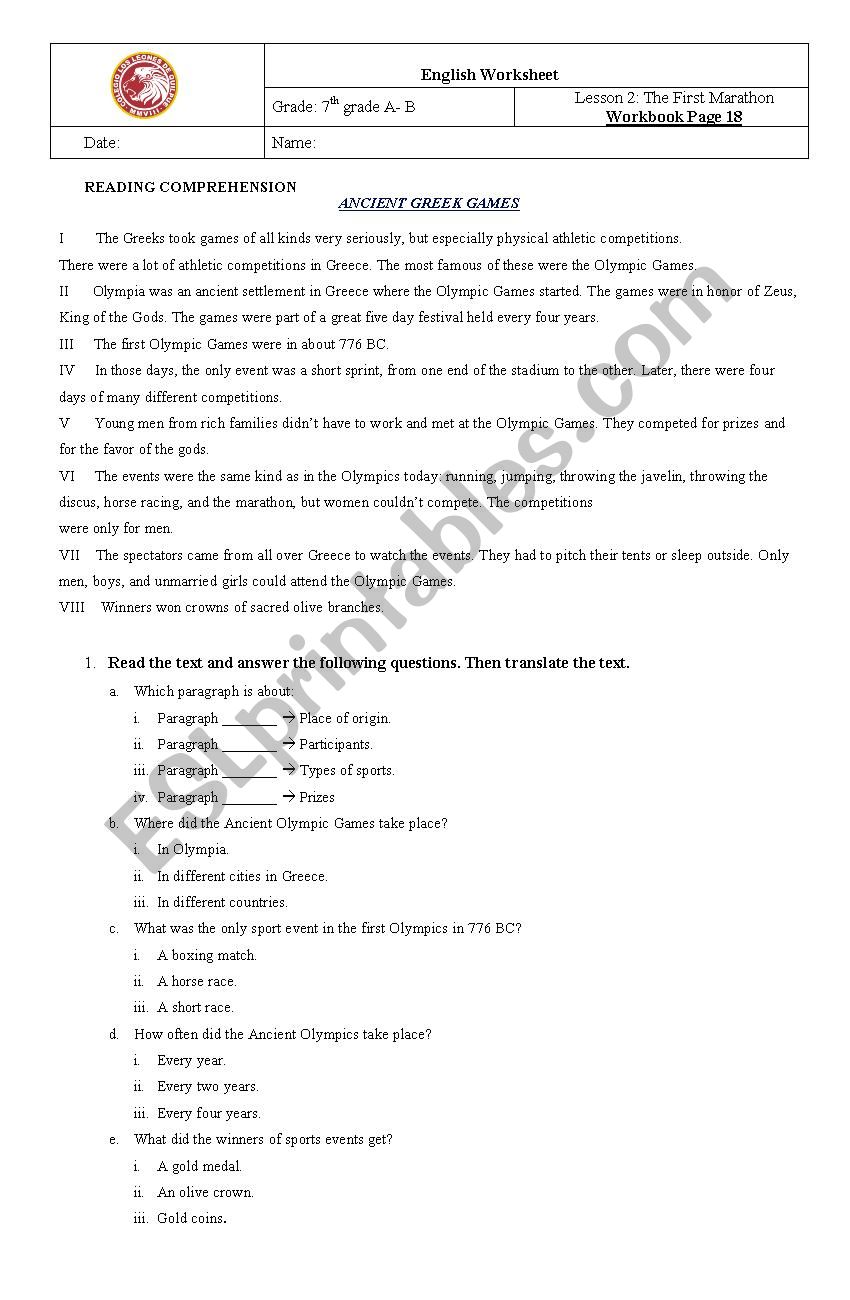 Ancient Greek Games worksheet