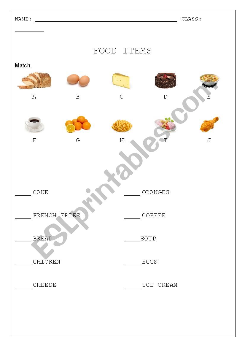 FOOD ITEMS worksheet