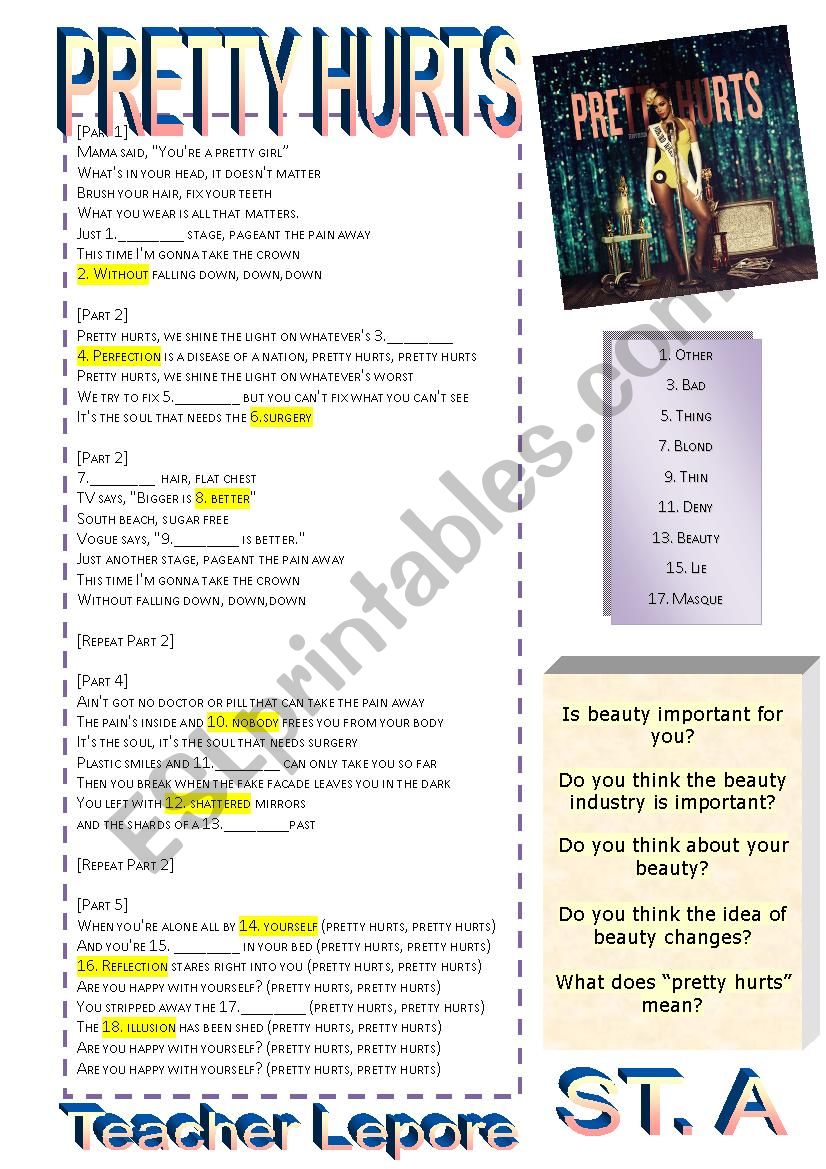 Beyonce - Pretty Hurts worksheet