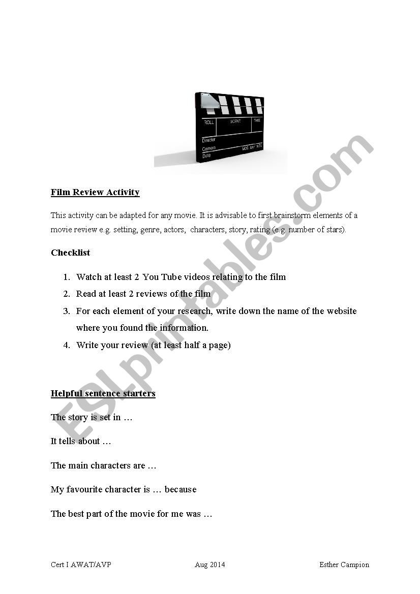 Film Review Activity worksheet