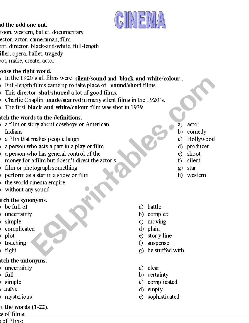 Cinema worksheet