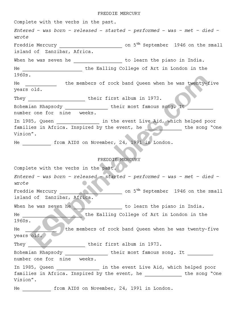 Freddie Mercury Biography - Past simple exercises