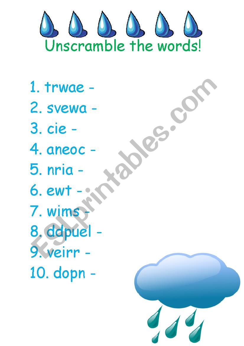 Unscramble the WATER words! worksheet