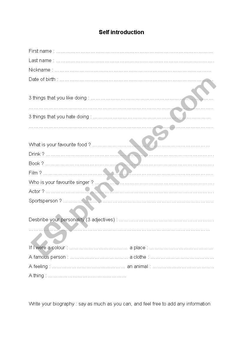 Self introduction worksheet