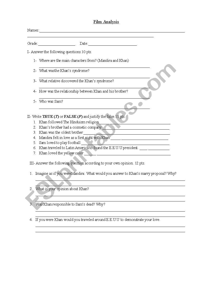 My name is Khan analysis worksheet