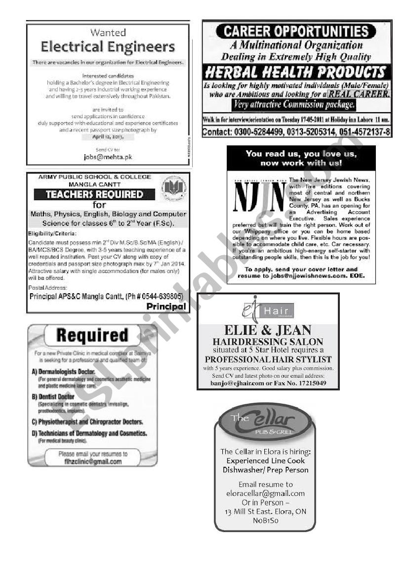 Jobs Advertisments worksheet