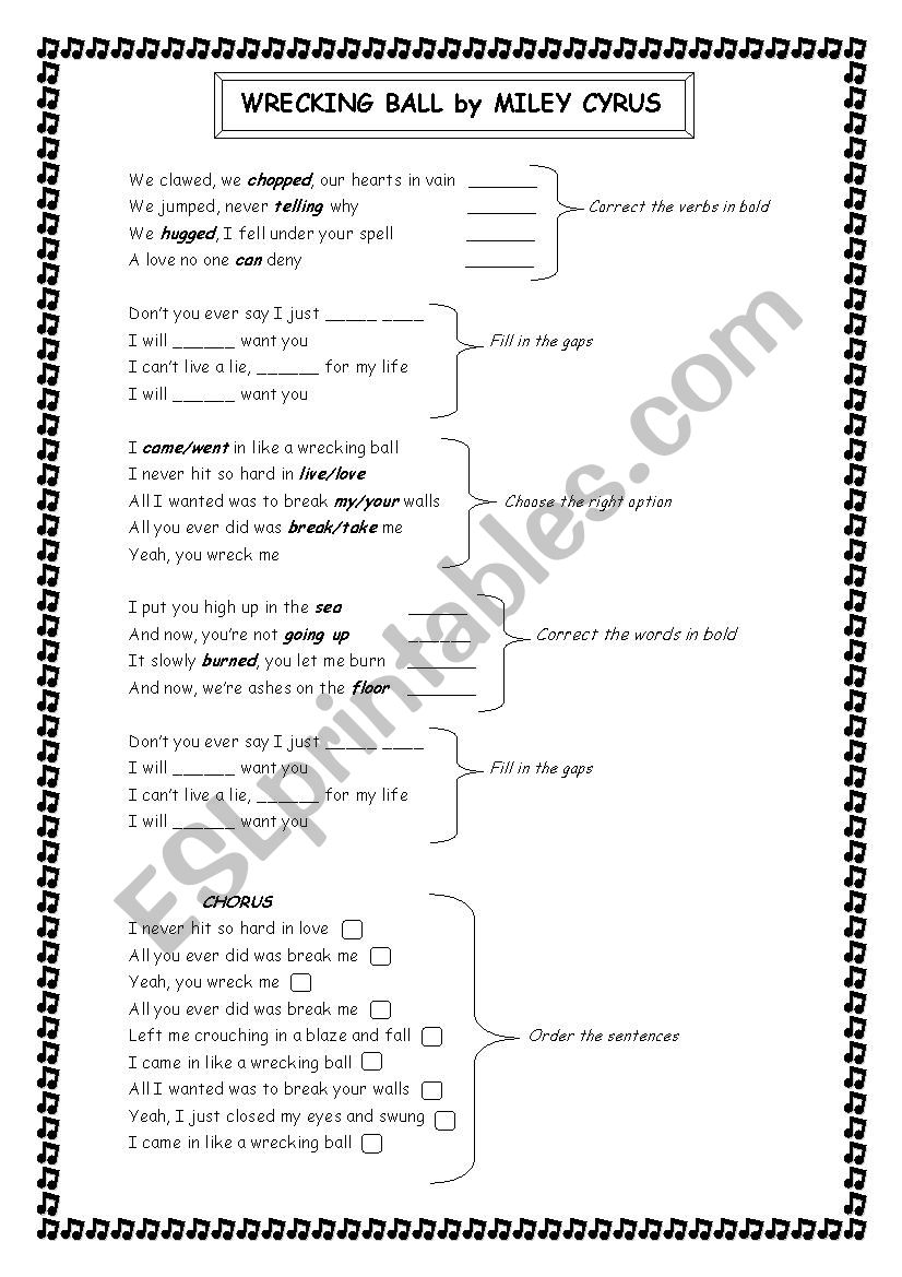 Wrecking ball - Miley Cyrus worksheet