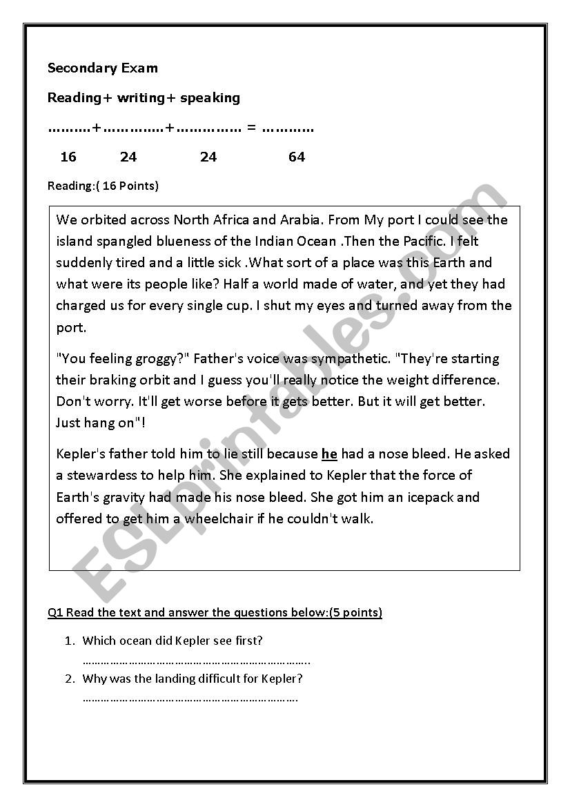 secondary exam worksheet